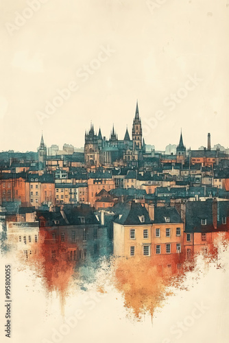 Nottingham, color pen pencil hand-drawn effect drawing illustration for travel poster, card, wallpaper, backdrop or banner. Modern, clear, artistic and simple