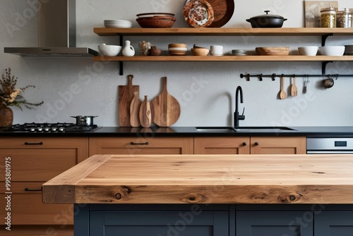 Wooden Table on Blurred Kitchen Countertop with Modern Decor and Rustic Design