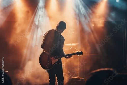 A guitarist performs a concert on stage. The lights shone on him, creating a dramatic effect, as the man performs in front of the audience. Generative AI