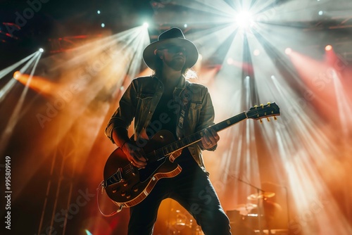 A guitarist performs a concert on stage. The lights shone on him, creating a dramatic effect, as the man performs in front of the audience. Generative AI