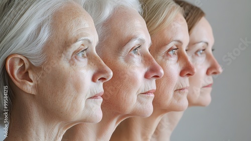 Facial aging progression with wrinkles and loose skin pre-facelift, contrasted with a revitalized, youthful complexion after surgery