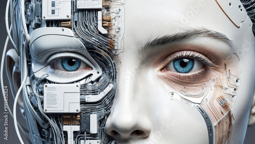 Close-up of a stylized humanoid face, half human, half robot. Artificial intelligence concept.