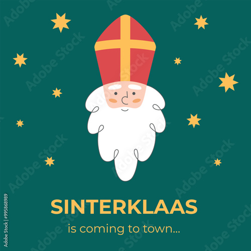 Sinterklaas face with stars on dark green background. Holiday square banner. Hand drawn Dutch folklore character. Vector illustration.