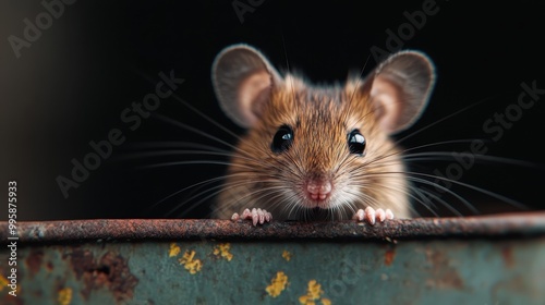 An endearing mouse peers over the edge of a rusty piece of metal, with its large, shiny eyes and delicate whiskers capturing a moment of curiosity and innocence.