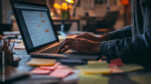 Focused individual typing on a laptop surrounded by colorful sticky notes in a cozy workspace.