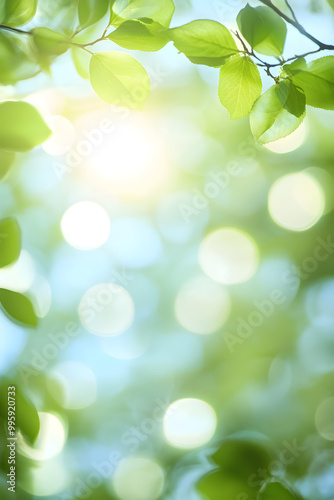 Blurred bokeh portrait background of fresh green spring, summer foliage of tree leaves with blue sky and sun flare. Illustration.