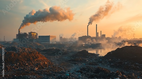 Industrial area surrounded by mounds of waste, factories in the background, pollution and industrial negligence