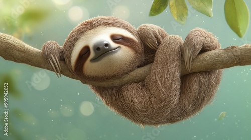 A cartoon portrait of a sleepy sloth hanging on a branch, isolated on a soft pastel green background