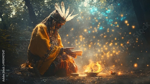 10. A powerful shaman conducting a ritual in a sacred grove filled with glowing spirits