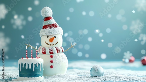 A snowman with a hat and scarf stands next to a birthday cake with candles.