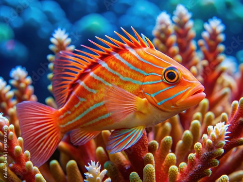 Vibrant orange hawkfish with intricate stripes and long snout swims amidst delicate sea fans and coral reef in crystal-clear turquoise Hawaiian ocean waters.