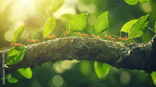 A colony of ants transporting leaves across a tree branch, symbolizing a bustling transport industry in nature