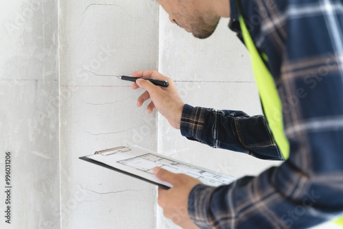 Asian inspector checking structure of new property and taking note in the clipboard for review and fix the house before sell to client