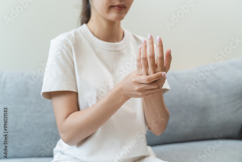 Close-up shot of human hands suffering from ligament inflammation on the palm.