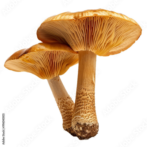 Close up of two saffron milkcaps mushrooms with gills visible, growing on a white background