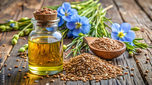 Bottle of flaxseed oil surrounded by flax seeds and blue flax flowers on rustic wooden background , flaxseed oil