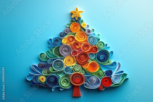 handmade christmas tree artwork created with colorful paper strips in the craft of paper quilling, depicting a festive holiday season theme