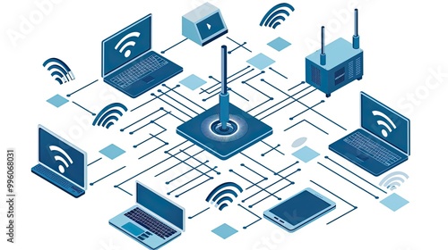 A vibrant digital representation highlights various devices seamlessly connected to a central network hub. Laptops and mobile devices radiate signals, illustrating contemporary connectivity