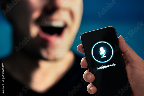 Voice recognition, AI speech generator or audio recording app on phone. Deep fake vocal sound. Mic icon and record wave. Deepfake scam. Virtual clone. Chat message. Translation or language learning.