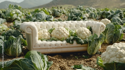 A white sofa sits in a field of cauliflower, surrounded by the leafy green plants.