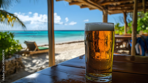 A chilled pint of pilsner being savored in the shade of a beachside cabana