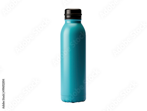 a blue water bottle with a black cap