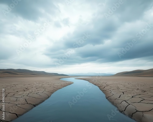 Depleted river with exposed banks, representing the environmental crisis of water scarcity, ultrarealistic textures, stark contrast