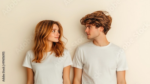 A captivating image of a 23-year-old girl with luscious long brown hair, dressed in a fitted white T-shirt, joyfully playing with her shiny locks against an immaculate white background. 