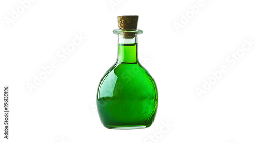 A witches potion bottle with glowing green liquid isolated on a plain white background