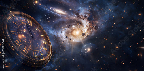 Cosmic clock in space surreal scene of time and universe