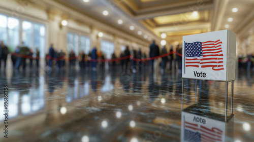 Group of diverse American citizens voting at polling station during USA presidential elections. Several people make choice and vote for different candidates in booths with US flags