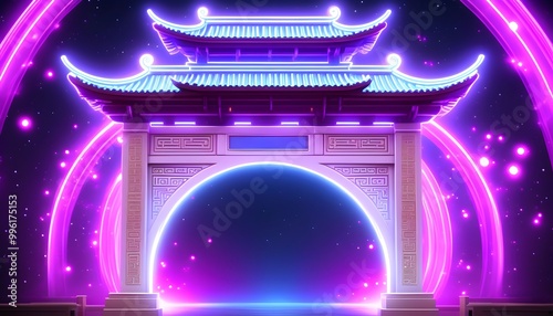 glowing neon lights in purple and pink on a traditional chinese arch