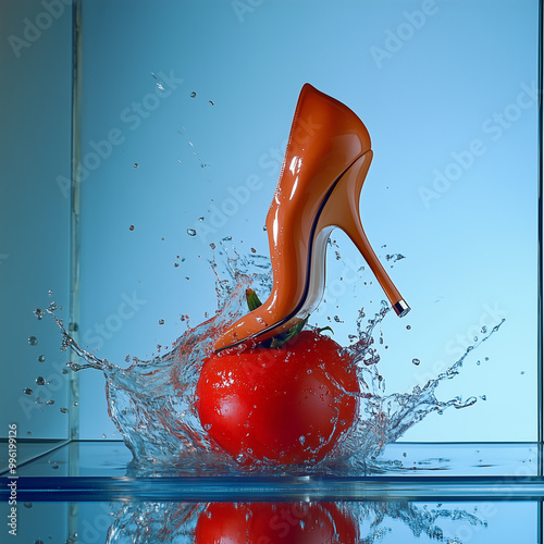 High-heeled shoe piercing a tomato in water