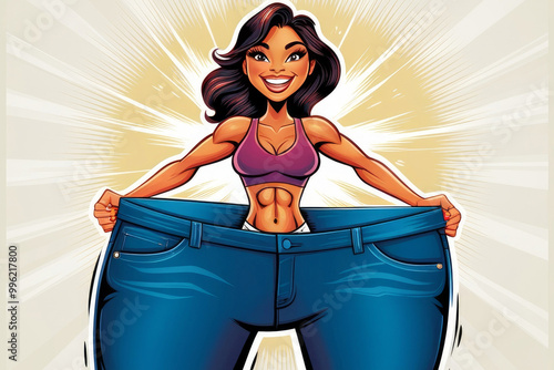 Happy woman in huge jeans. Concept of weight loss, diet, sport, fitness. AI generated