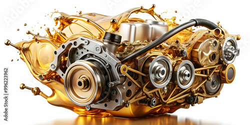 Wave of oil splashing in car engine with lubricant oil, concept of oiling motor and gears, oil, car engine, lubricant