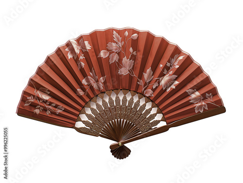 a red fan with white designs