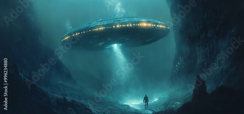 A single figure stands in awe as an unidentified flying object hovers above a dark, underwater cave.