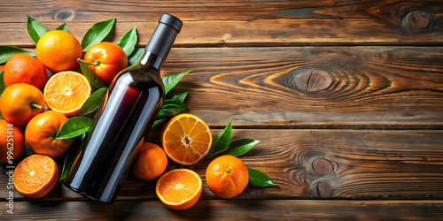 A bottle of wine and juicy oranges on a rustic wooden table, wine, bottle, oranges, fruit, citrus, drink, refreshment