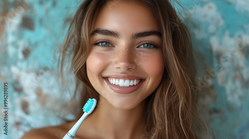 Smiling beautiful woman holding toothbrush in bathroom. Daliy dental hygiene routine concept. Shallow depth of field.