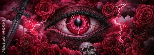 An ornate eye illustration with lightning bolts, a dagger, and a skull surrounded by roses and clouds, representing spiritual and mystical symbolism.