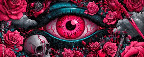 An ornate eye illustration with lightning bolts, a dagger, and a skull surrounded by roses and clouds, representing spiritual and mystical symbolism.