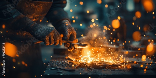 Blacksmith at Work, creating intricate designs, surrounded by materials, illuminated by soft, ambient light, showcasing artistry and craftsmanship