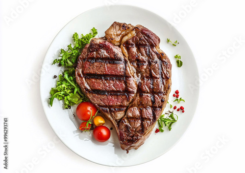 Juicy pepper beef steak with rosemary and tomatoes on plate on white background.Top view.AI Generative.