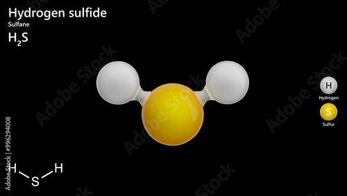 Model of Hydrogen sulfide molecule H2S. It is a colorless chalcogen-hydride gas, and is poisonous, corrosive and flammable, having a foul odor of rotten eggs. 3d illustration. Black background