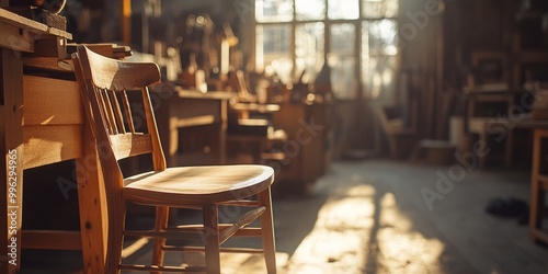 Craftsman shaping a wooden chair, workshop ambiance enriched by soft light, blurred furniture hints at a creative space.