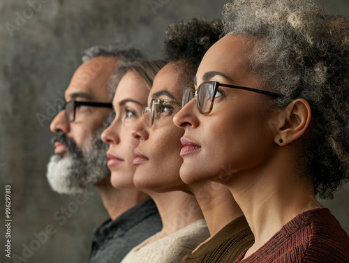 Group of diverse people staring upward in unison with focused expressions.