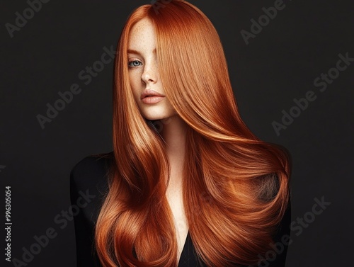 Beautiful woman model with long ginger red silky shining hair for hair products advertising on black background.Macro.AI Generative.