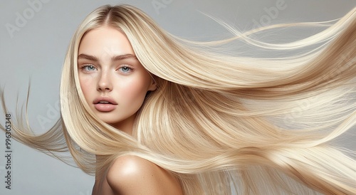 Beautiful woman model with long blond silky shining hair for hair products advertising.AI Generative.