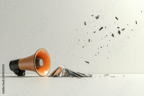 A broken megaphone lying sideways on a clean surface symbolizing the loud divisive rhetoric of extremism.