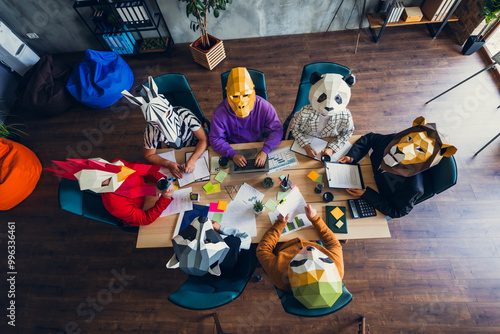 High angle view photo of rooster gorilla lion sloth zebra raccoon mask people meeting desk loft interior office indoors